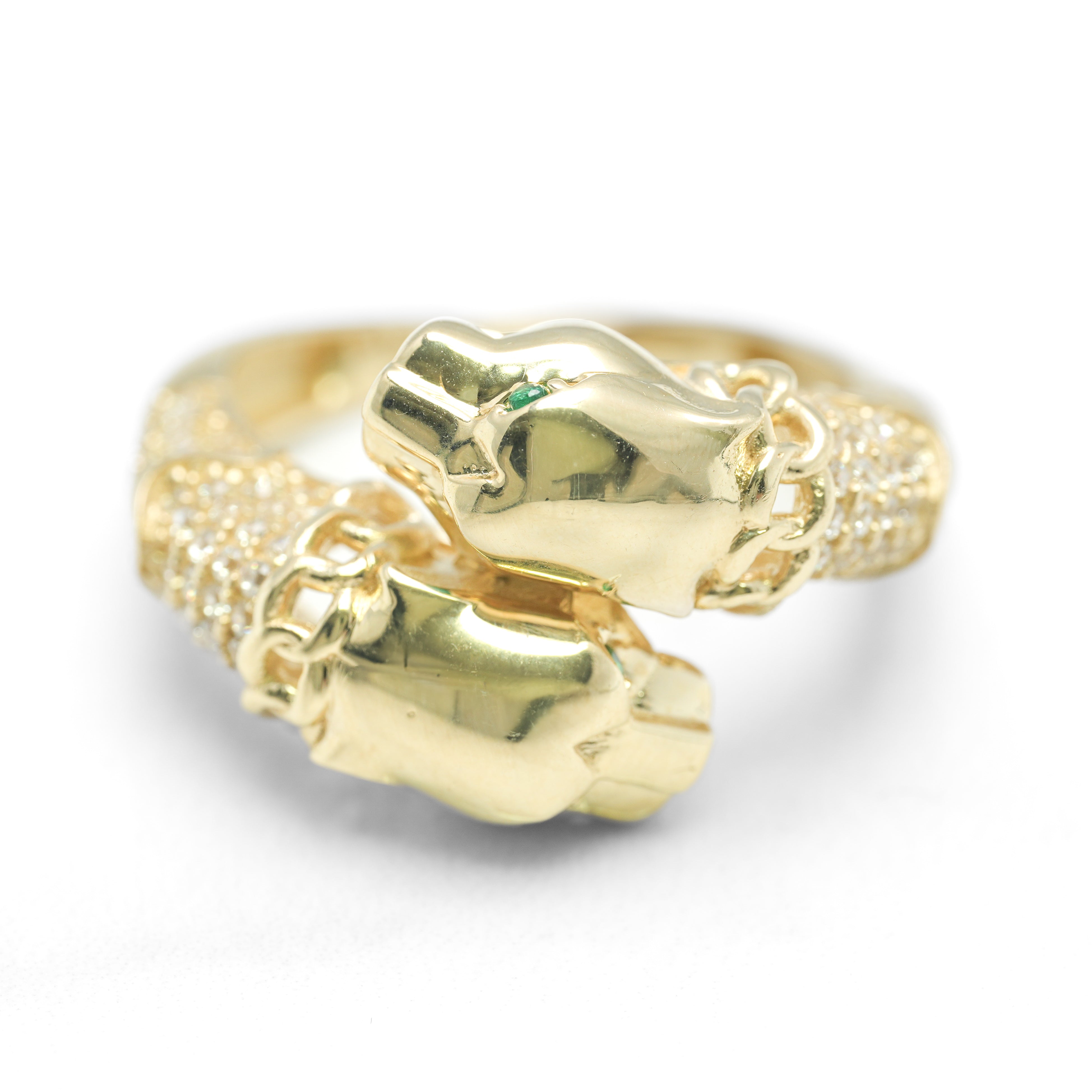 Lady's ring 10K yellow gold double panther head pave cz RIG317