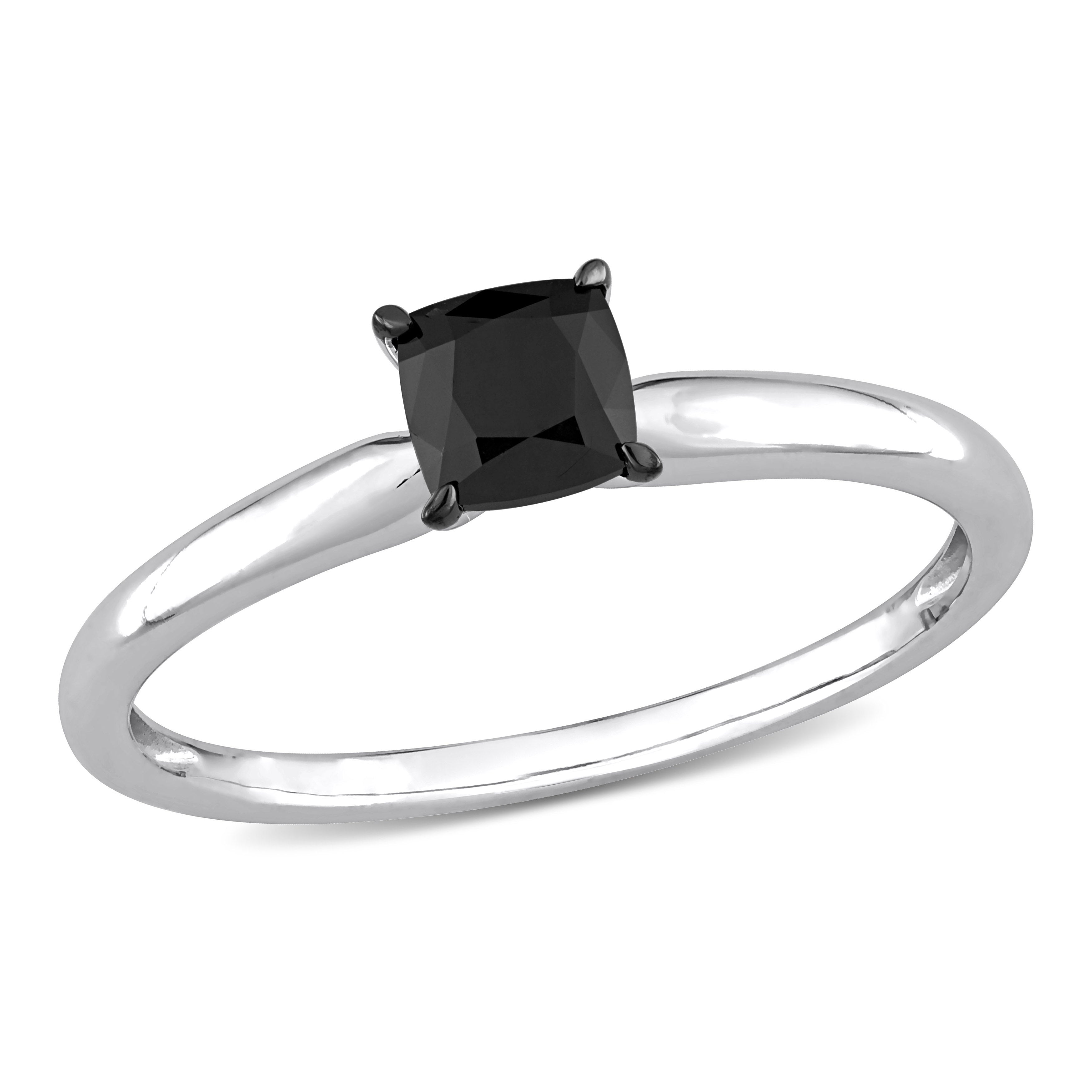 Bague femme Or 14K blanc solitaire diamant naturel noir coupe