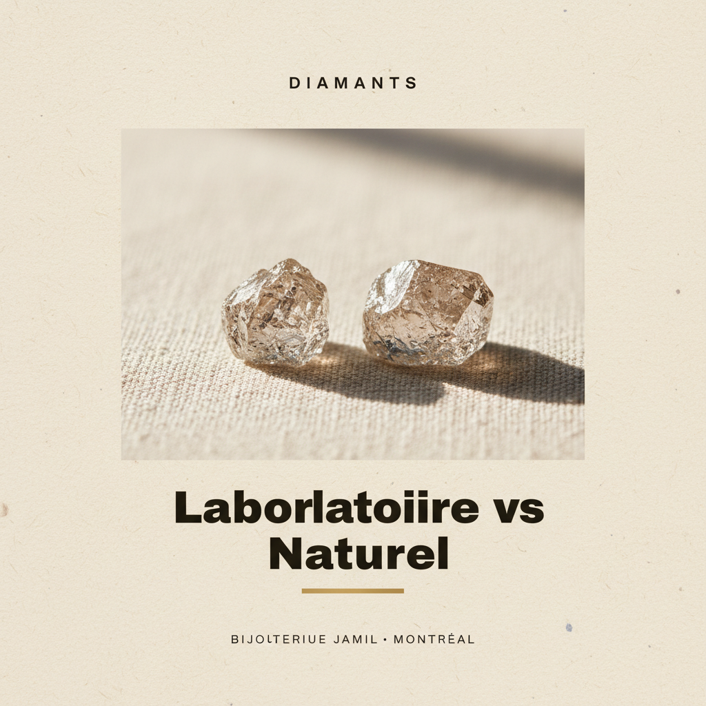 Bijouterie Jamil — Laboratoire vs Naturel — affiche editoriale
