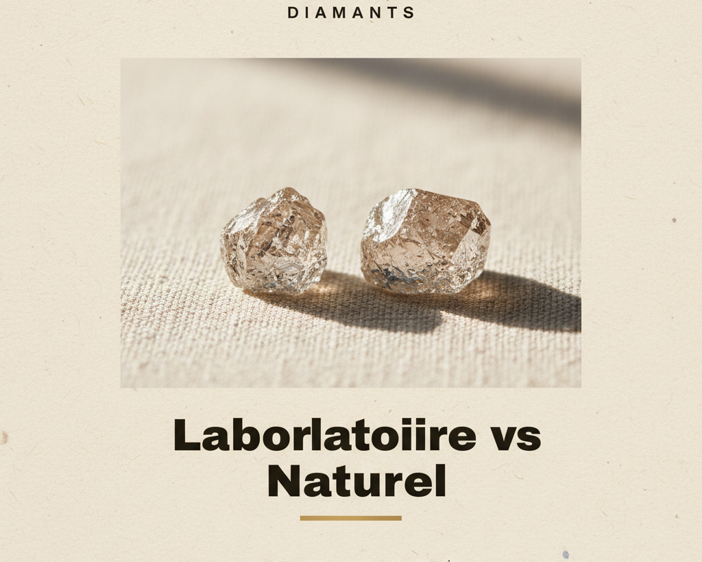 Bijouterie Jamil — Laboratoire vs Naturel — affiche editoriale