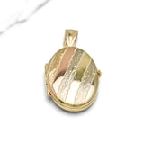 Pendentif - Or 10K tricolore jaune, blanc, & rose médaillon photo ovale avec motif gravé - PEG277