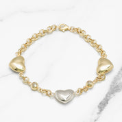 Bracelet - Or 10K deux tons jaune & blanc trois coeur poli avec rolo & perles cz 7.5" - BRG207