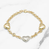 Bracelet - Or 10K deux tons jaune & blanc trois coeur poli avec rolo & perles cz 7.5" - BRG207