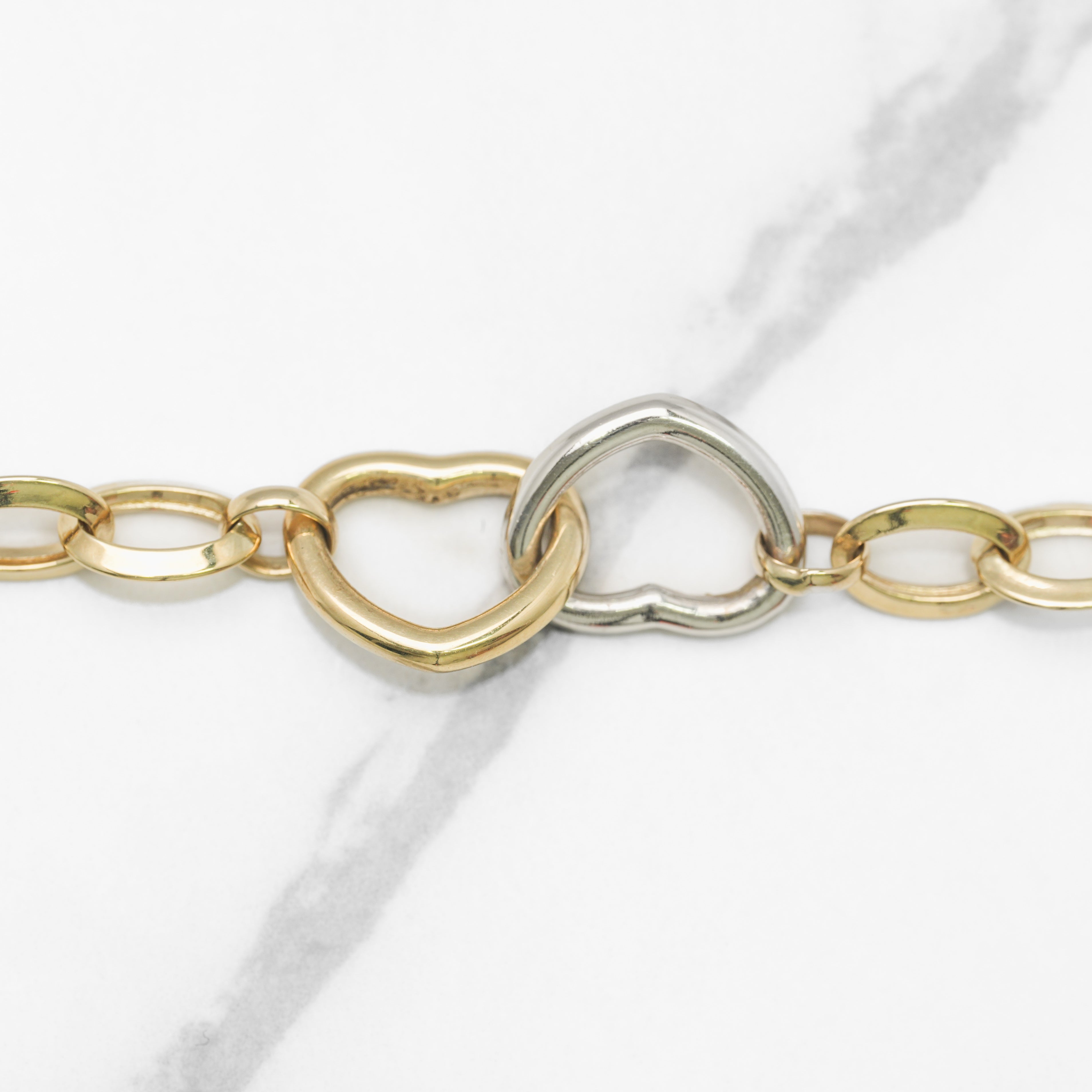Lady's Bracelet - 10K Gold tricolor yellow, white & pink polished heart with heart links & 7.5" cable - BRG206