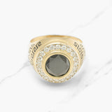 Bague - Or 10K jaune pierre cz noire avec facette pavé cz & motif clé grecque - RIG346
