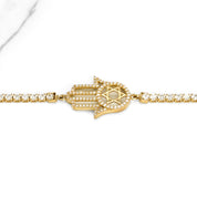 Woman's Bracelet - 10K Yellow Gold Tennis with Hand of Fatima cz pave 8" - BRG254