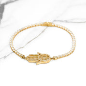 Woman's Bracelet - 10K Yellow Gold Tennis with Hand of Fatima cz pave 8" - BRG254