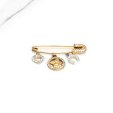 Baby diaper pin - 10K gold two-tone yellow & white pave cz with heart, angel & horseshoe charms - BBG002