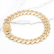 Men's Bracelet - 10K Yellow Gold Cuban links paved with cz & box lock Medusa head 8" - BRG271