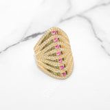 Bague - Or 10K jaune style cocktail pavé cz & pierres rose - RIG387