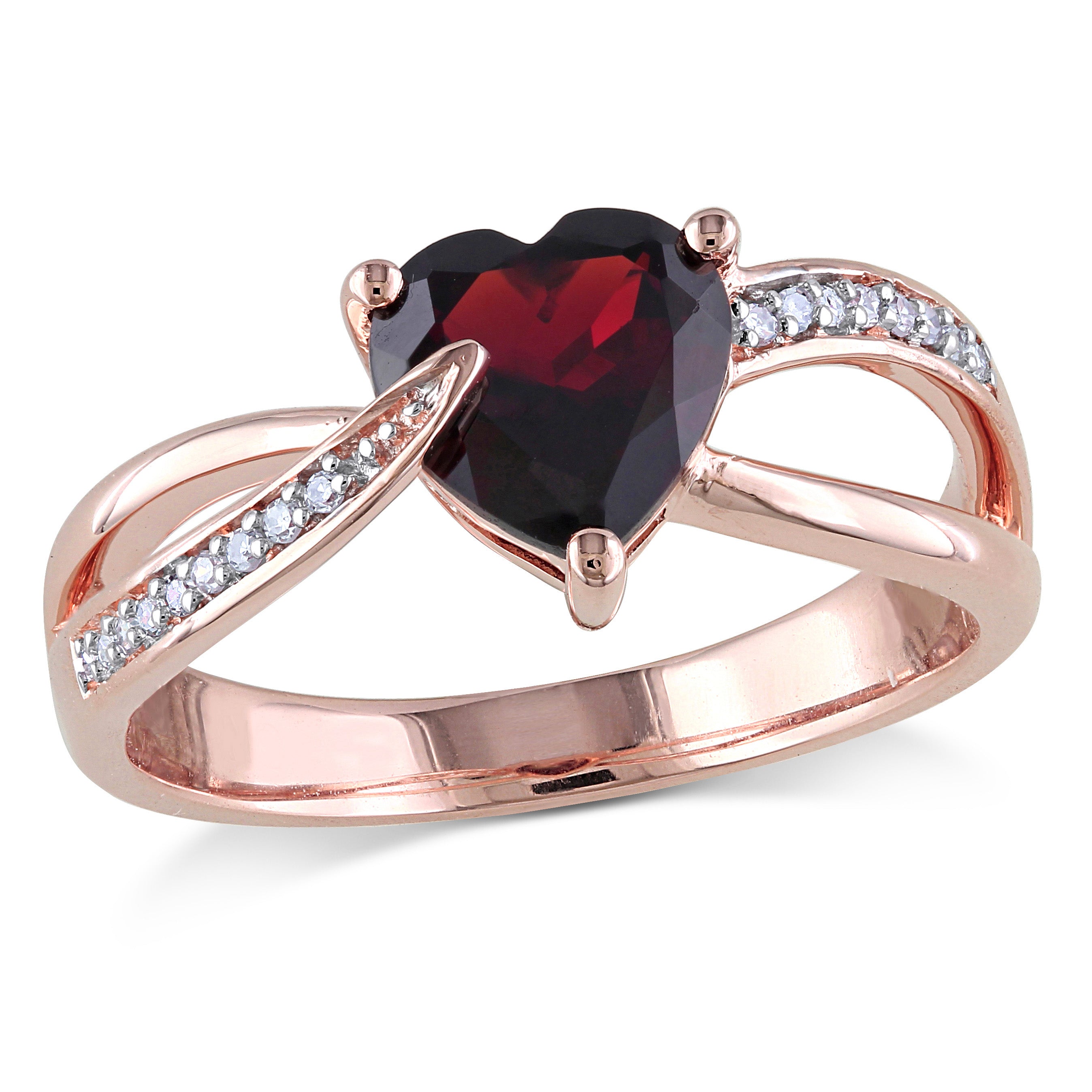 Bague - Or 10K rose grenat coupe coeur 0.40PT & pavé de diamants naturels 0.05TCW - RIGD626
