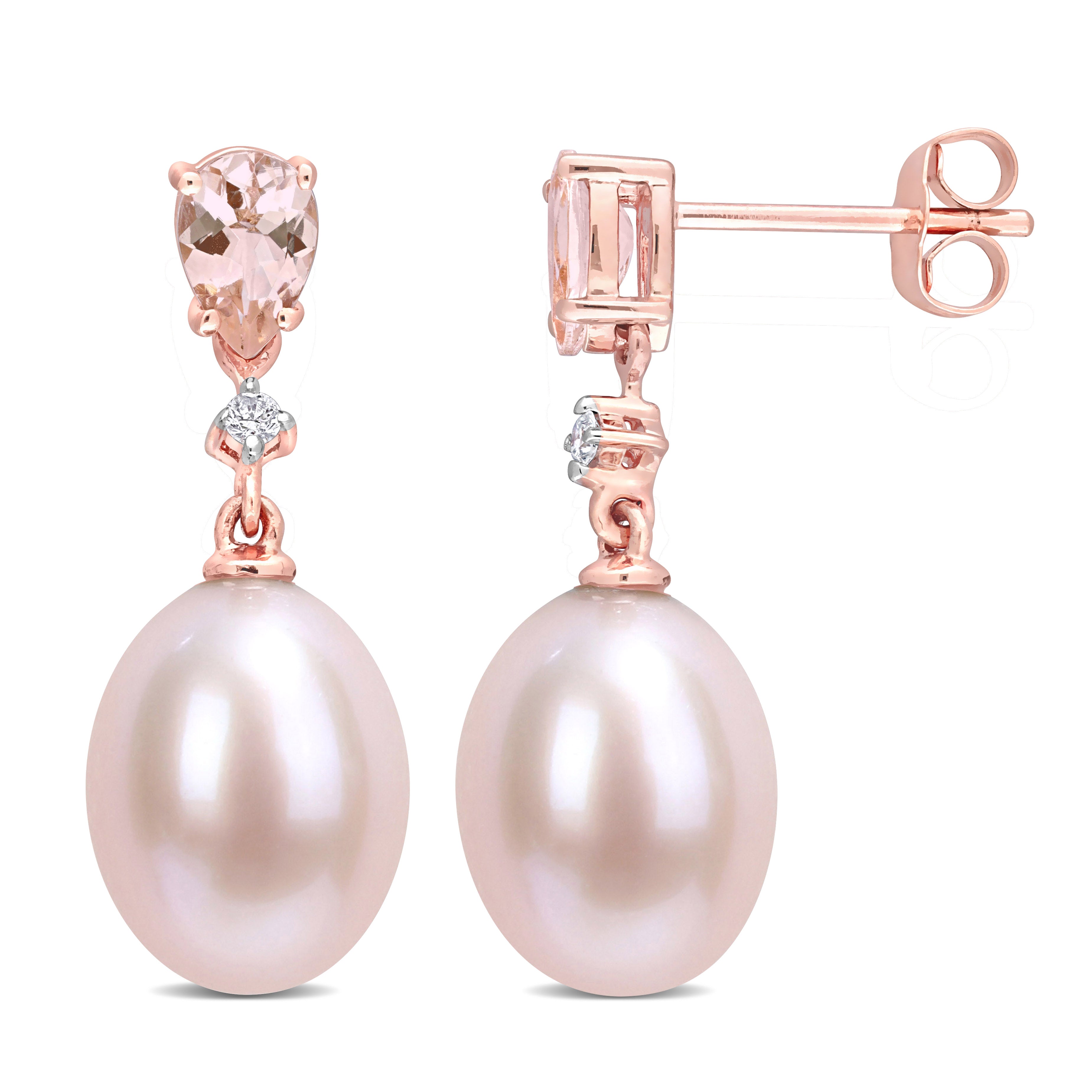 Studs - Or 10K rose perle d'eau douce, diamants naturels 0.04TCW & morganite coupe poire 0.80PT - BOGD185