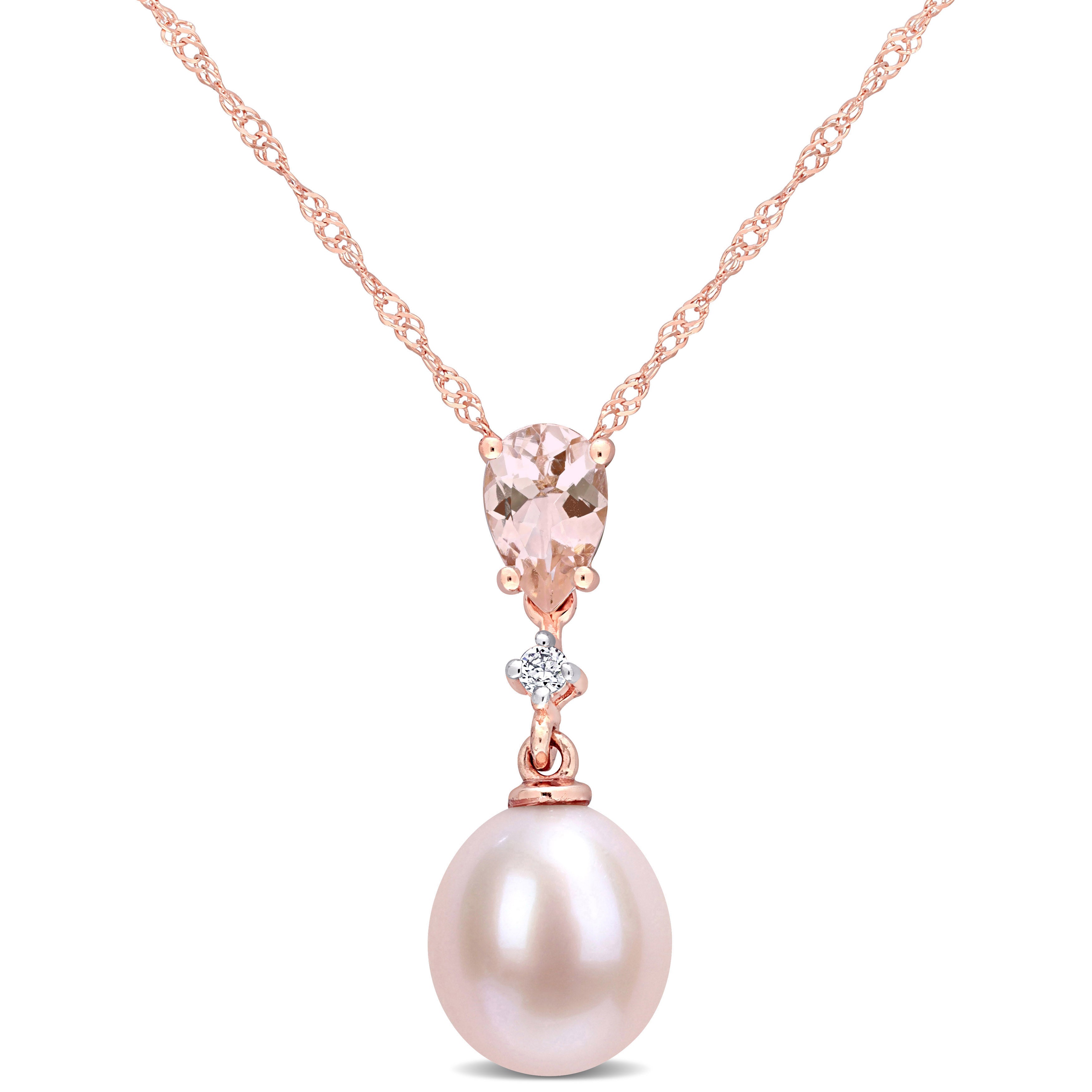 Collier - Or 10K rose pendentif perle d'eau douce, diamant naturels 0.04CT & morganite coupe poire 0.40PT - CHGD089