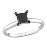 Bague - Or 14K blanc solitaire diamant naturel noir coupe radiant 1.00CT - RIGD053
