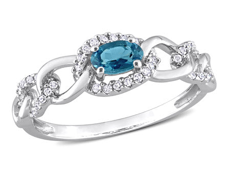 Bague - Or 10K blanc topaze bleue de Londres coupe oval 0.30PT & pavé de diamants naturels 0.13TCW - RIGD624