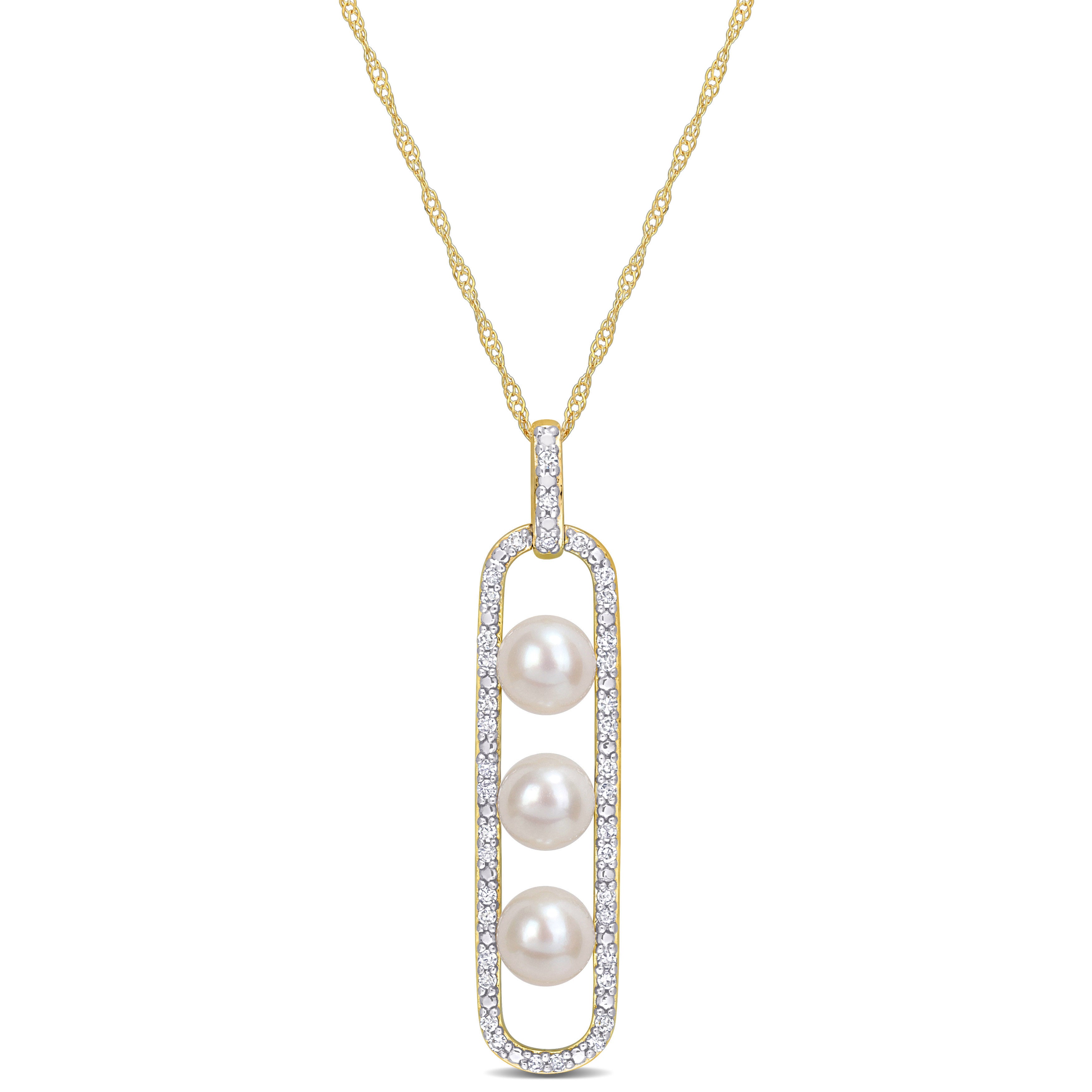 Collier - Or 10K deux tons jaune & blanc pendentif paperclip pavé de diamants naturels 0.20TCW & perles d'eau douce - CHGD088