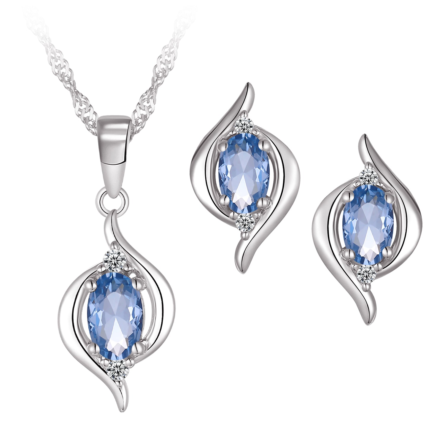 Ensemble - Argent Mars (aquamarine) pierre de naissance ovale tourbillon cz - ENS014