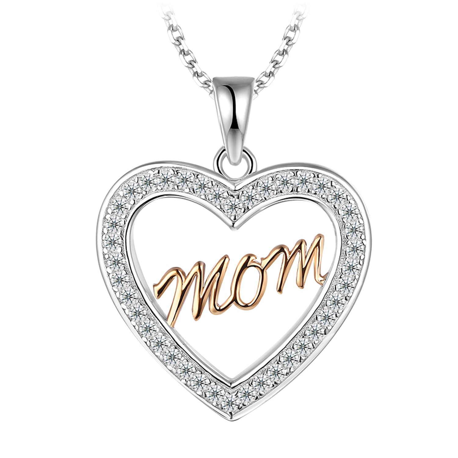 Collier - Argent deux tons plaqué or pendentif coeur 'MOM' cz - CHS682