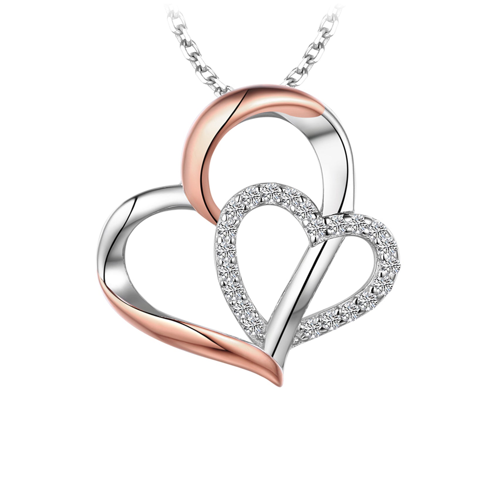 Collier - Argent deux tons plaqué or rose pendentif double coeur en cz - CHS684