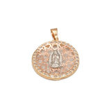 Pendant - 14K Gold tricolor yellow, white & pink virgin mary medallion with flower motif & faceted cz pavement - PEG329
