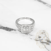 Bague de fiançailles - Or 14K blanc vintage halo pavé & coussin composé de diamant naturel coupe baguette 1.50CT - RIGD035