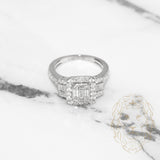 Lady's engagement ring - 14K white gold vintage halo pave & cushion set with 1.50CT baguette cut natural diamond - RIGD035