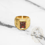 Bague - Or 18K jaune signet avec pierre rouge cz & motif clé grecque - RIG467