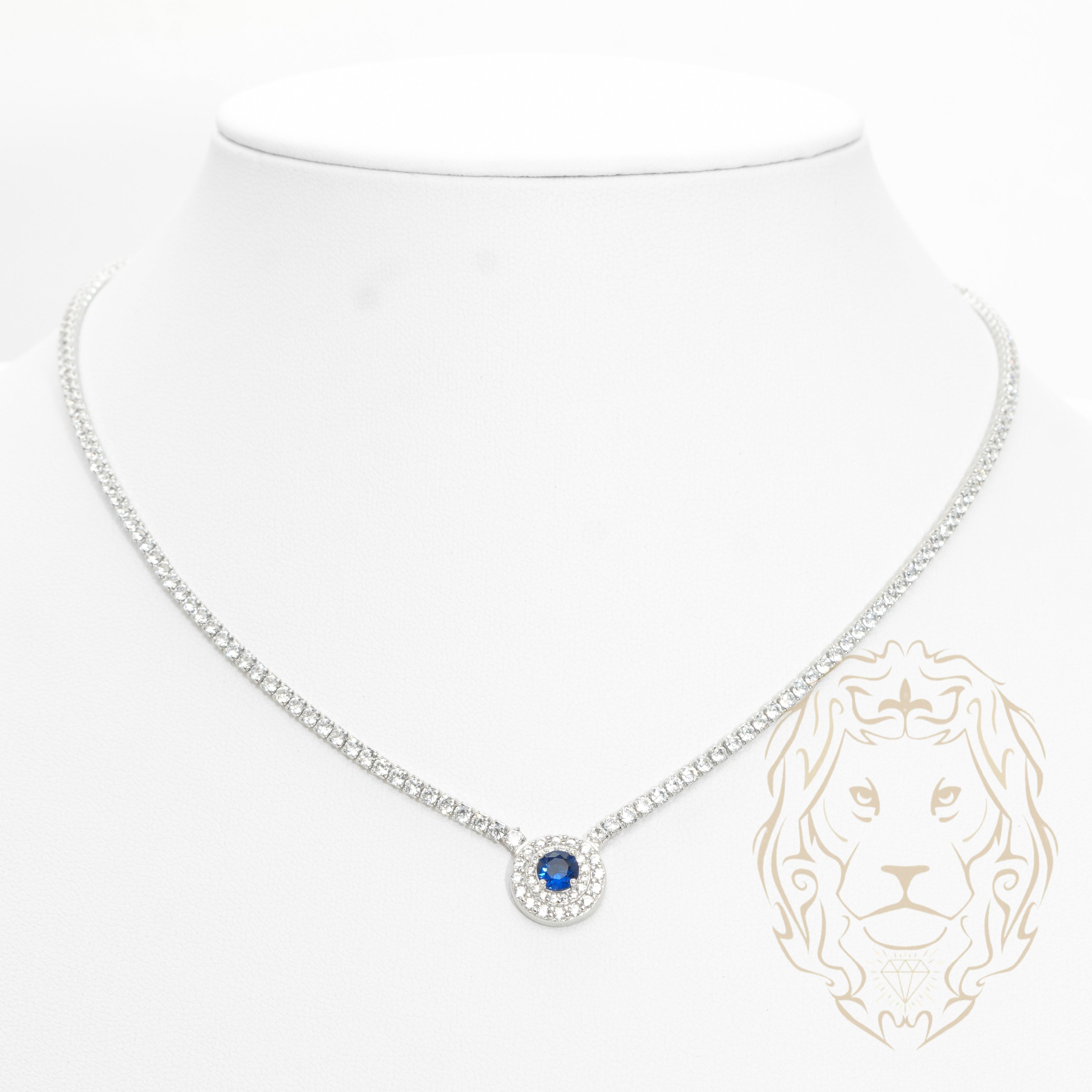Women's Necklace - Sterling silver tennis & blue brilliant cut stone with cz pavé halo - CHS056