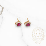 Studs - Or 10K deux tons jaune & blanc pierre rouge cz coupe ovale avec halo - BOG448
