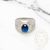 Men's ring - Silver blue stone cz oval cut halo & royal style setting - RIS014