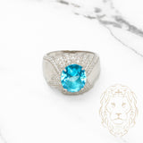 Men's ring - Oval cut aqua stone silver with cz pave setting - RIS021