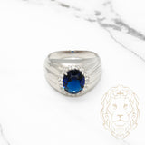 Men's ring - Silver oval cut blue stone & cz pave halo - RIS022