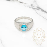 Men's ring - Silver oval cut aqua stone with faceted cz pave - RIS024