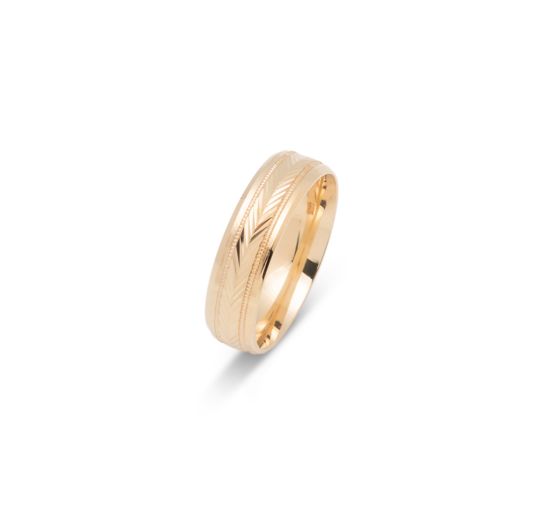 Wedding Band Ring - 10K Gold Palm design with polished edges & millegrain 6mm - RIG611