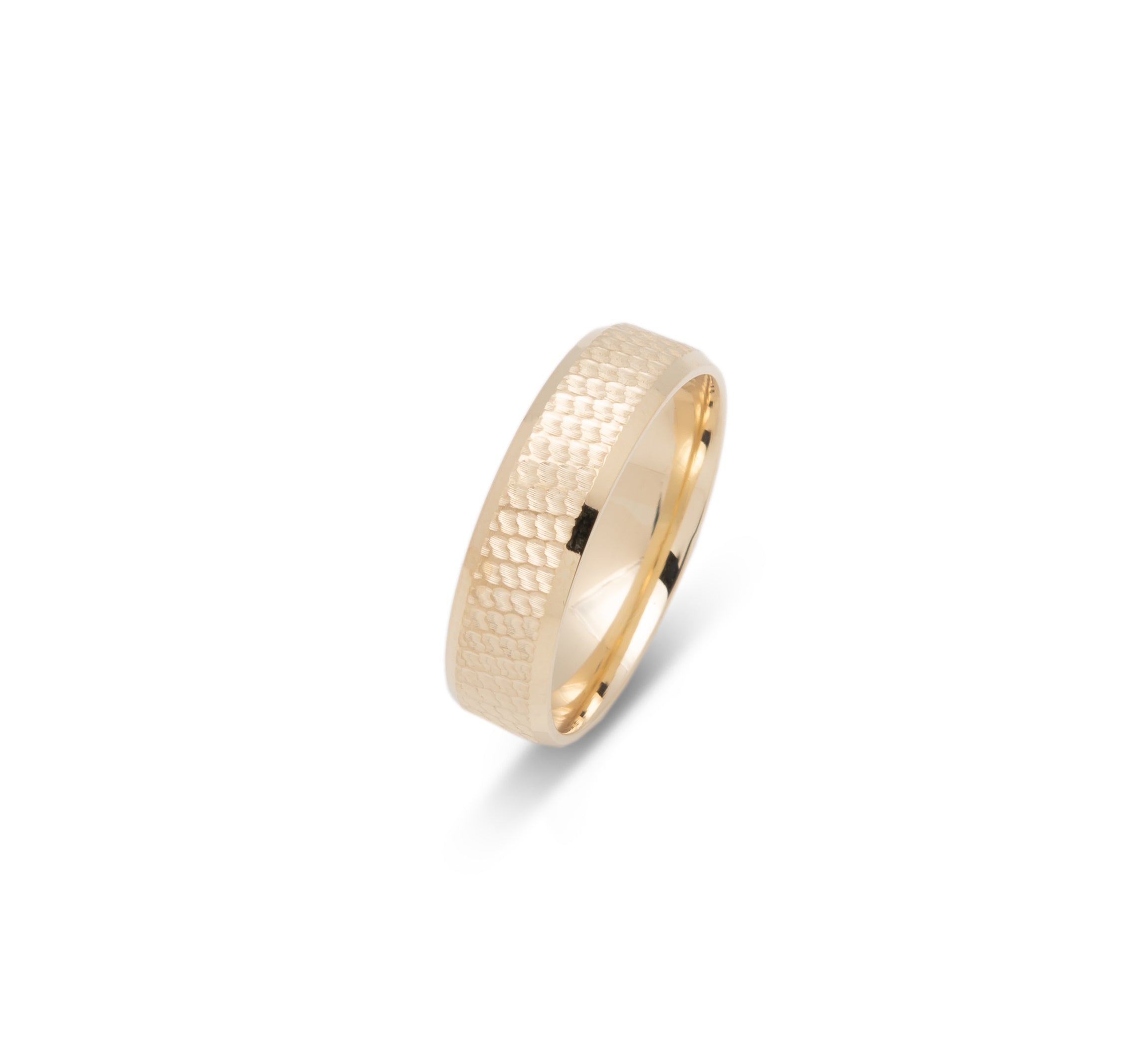 Wedding Band Ring - 10K Gold Textured Honeycomb & Brilliant Edges 6mm - RIG615