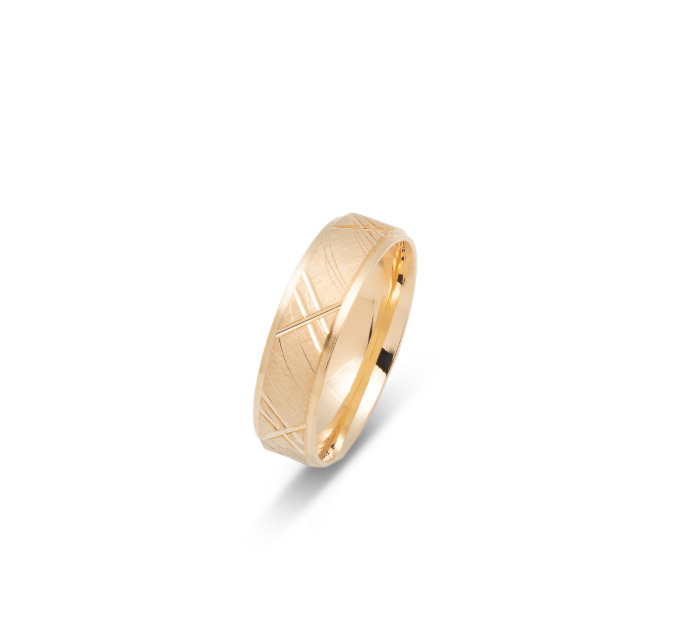Wedding Band Ring - 10K Gold Engraved Lines & Brilliant Edges 6mm - RIG623