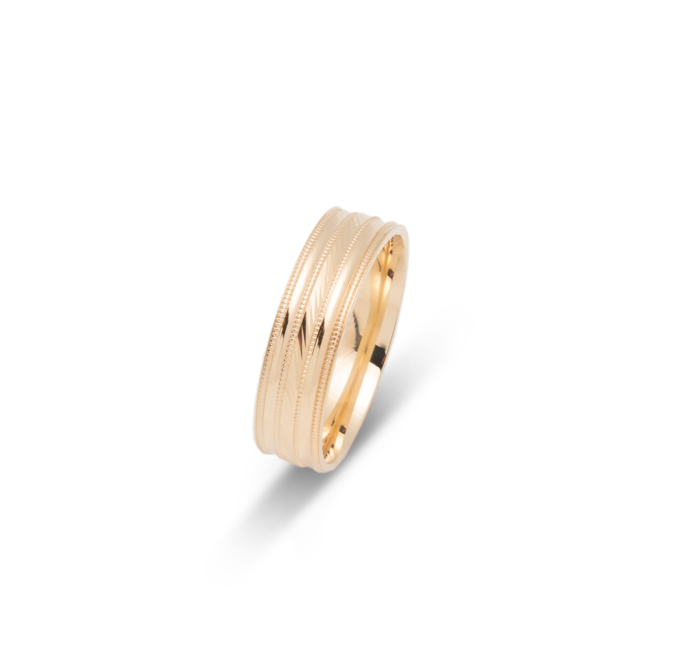 Wedding Band Ring - 10K Gold three textured rows & millegrain 6mm - RIG639