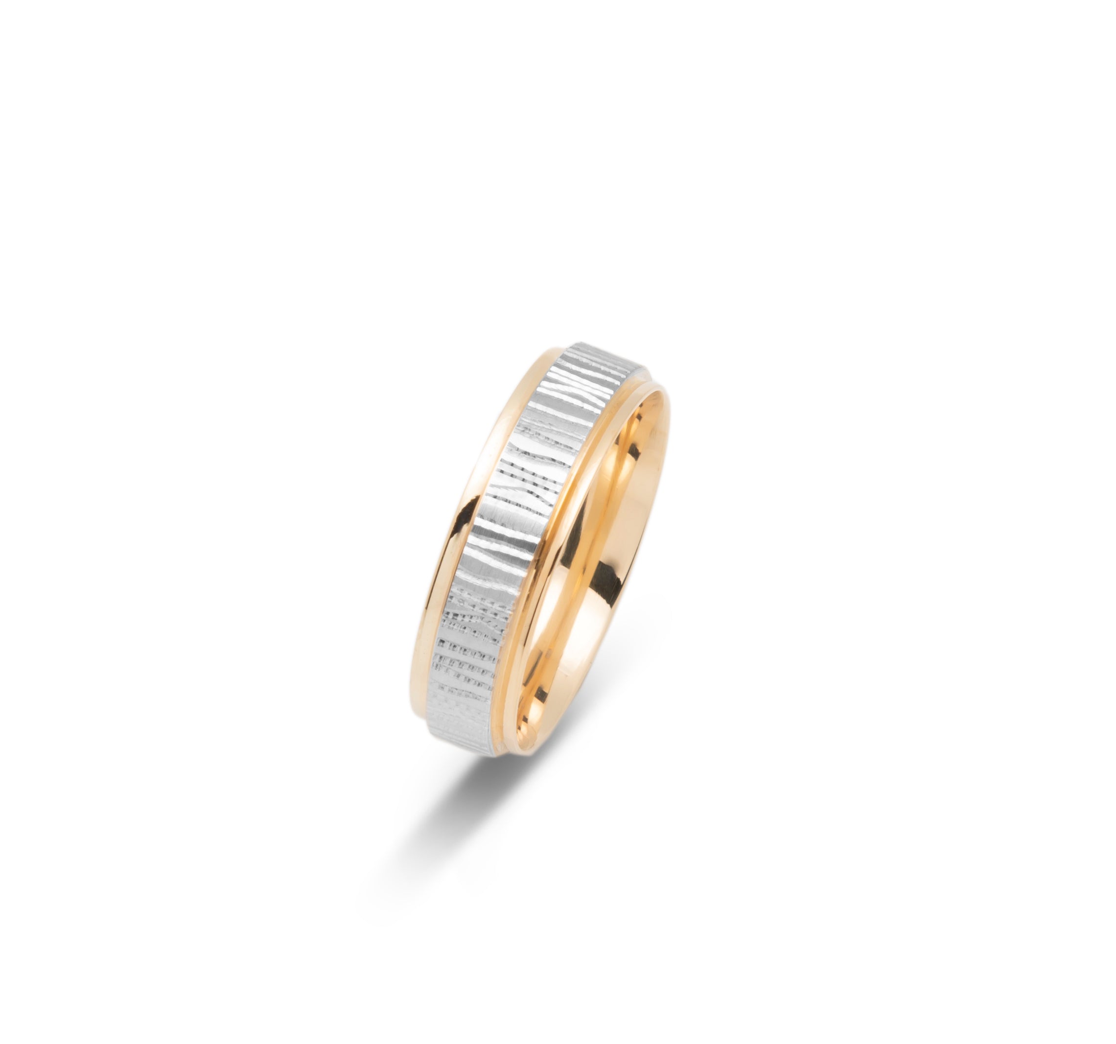 Wedding band ring - 10K two-tone yellow & white gold textured bark & polished edges 6mm - RIG650