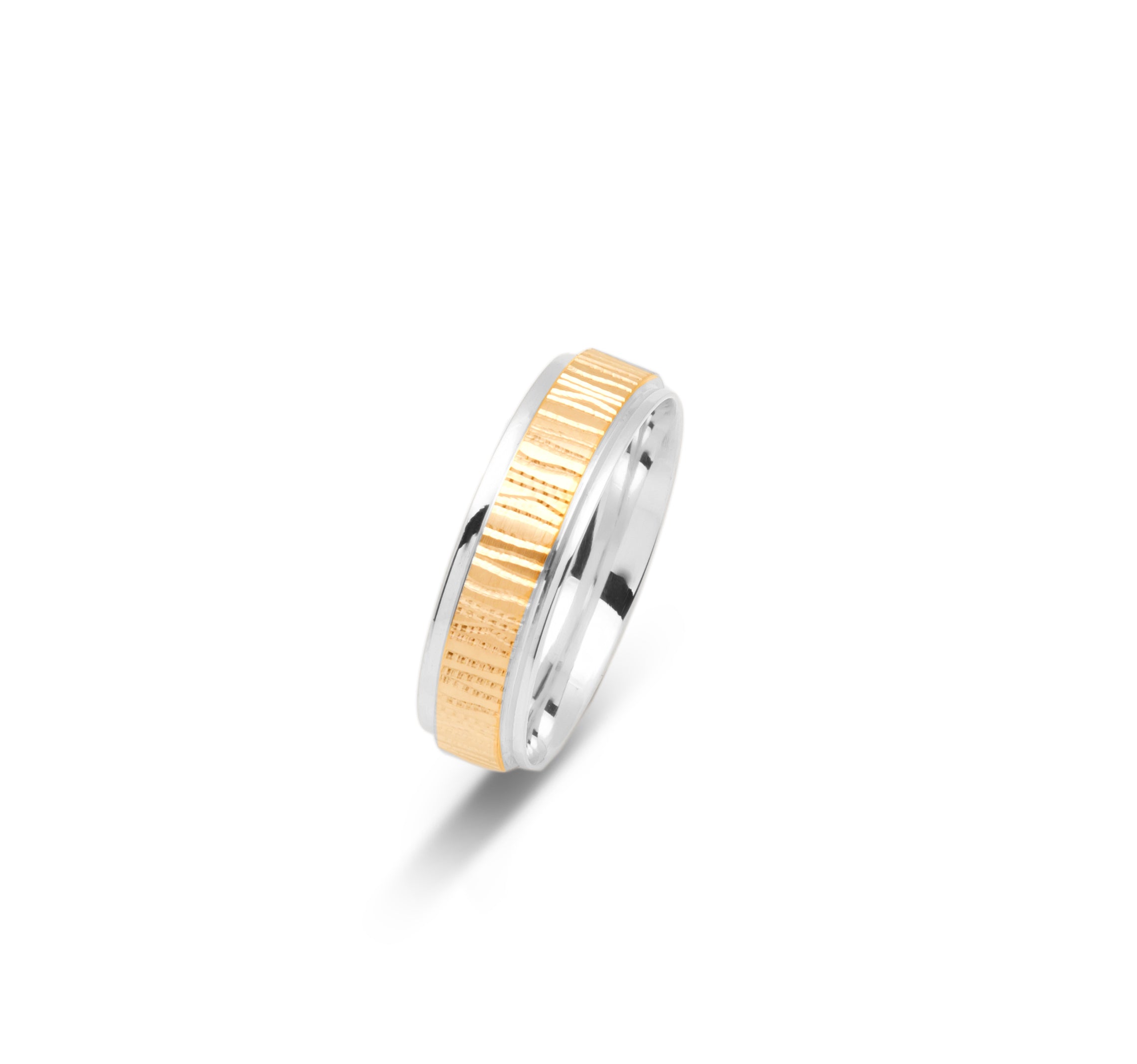 Wedding band ring - 10K two-tone yellow & white gold textured bark & polished edges 6mm - RIG651