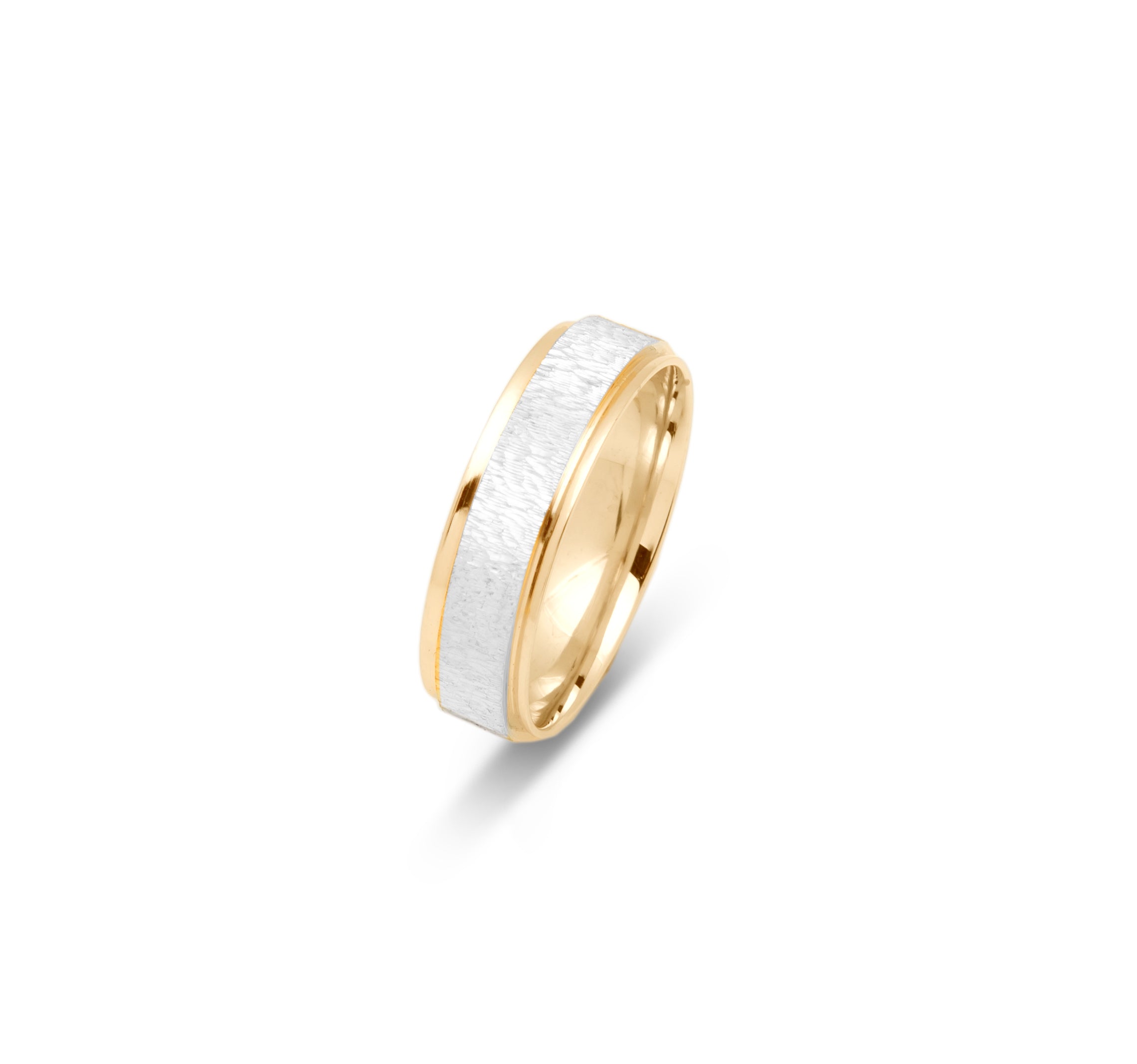 Wedding band ring - 10K two-tone yellow & white textured gold & polished edges 6mm - RIG652