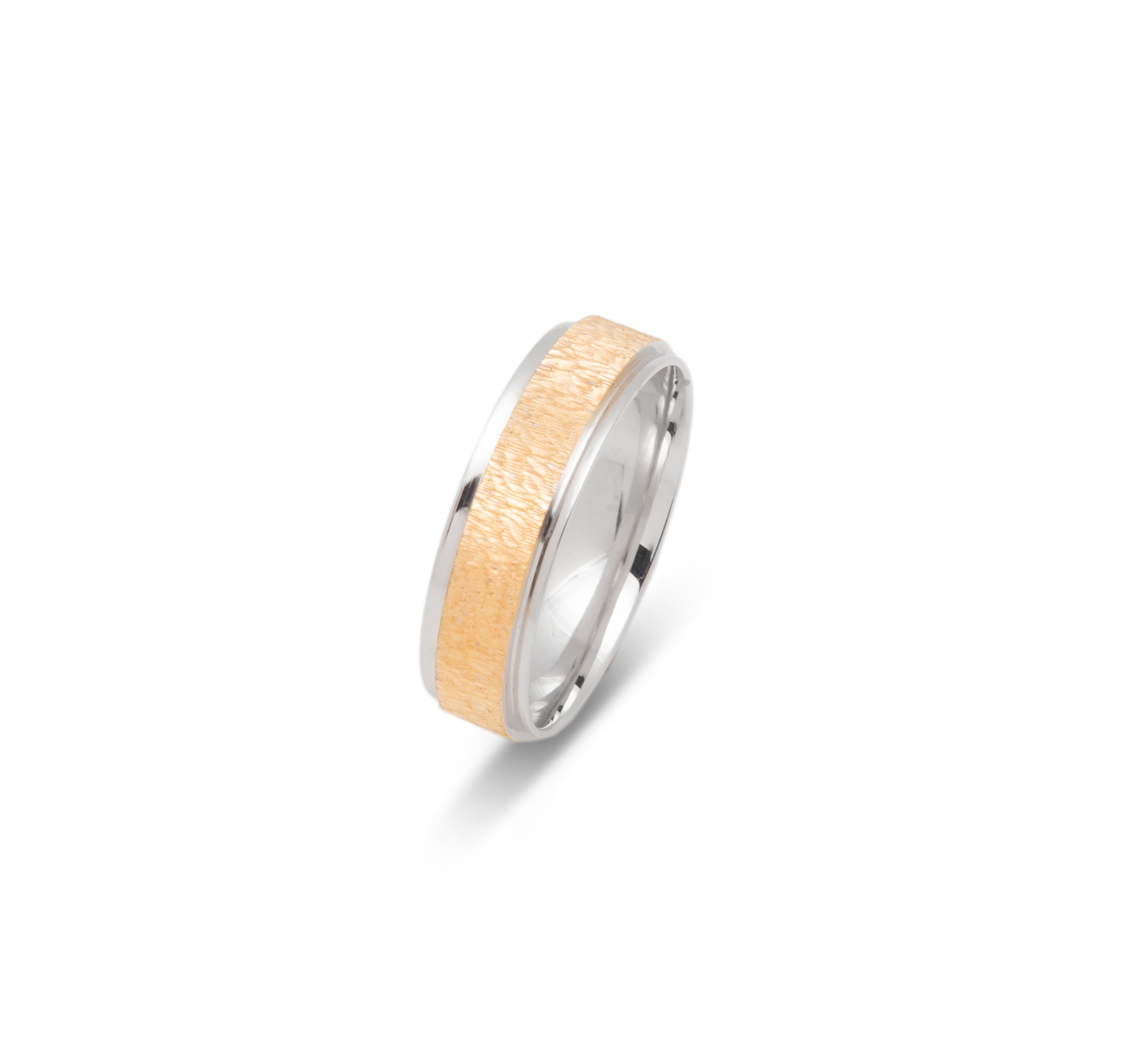 Wedding band ring - 10K two-tone yellow & white textured gold & polished edges 6mm - RIG653