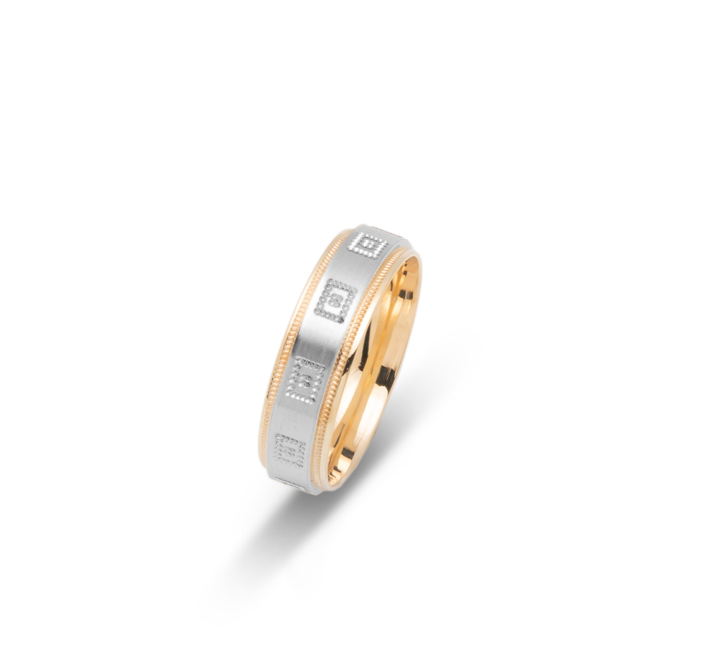Wedding band ring - 10K two-tone yellow & white gold with millegrain rectangle motif 6mm - RIG656