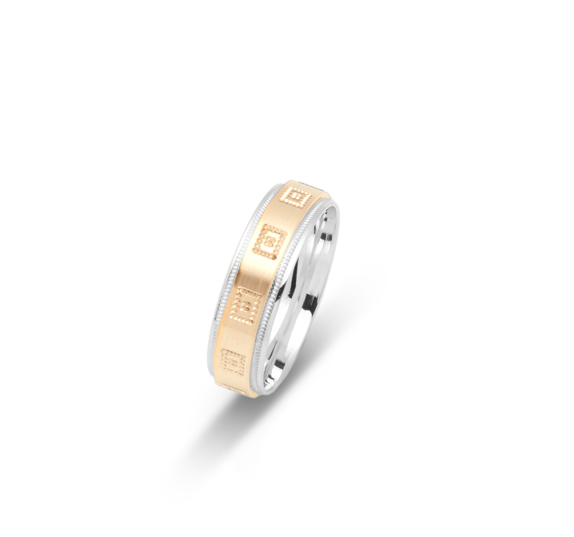 Wedding band ring - 10K two-tone yellow & white gold with millegrain rectangle motif 6mm - RIG657