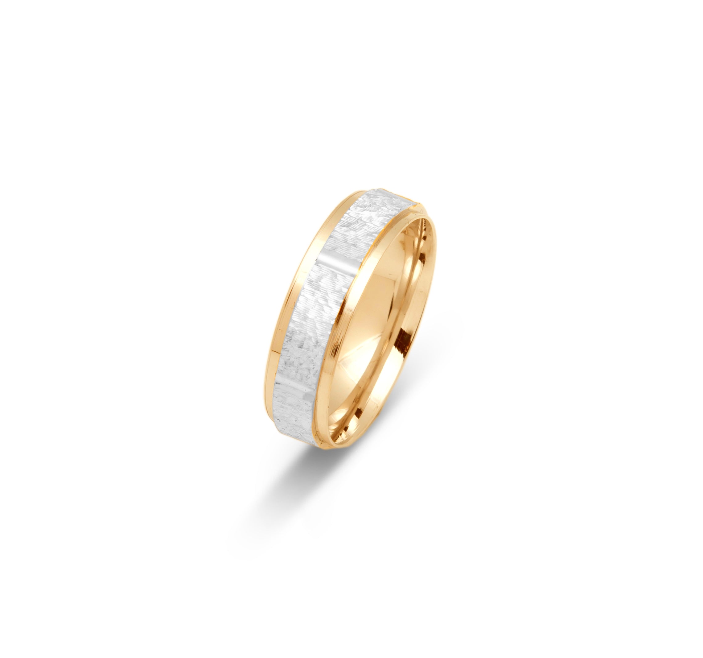 Wedding Band Ring - 10K Gold two-tone yellow & white textured with groove & polished edges 6mm - RIG658