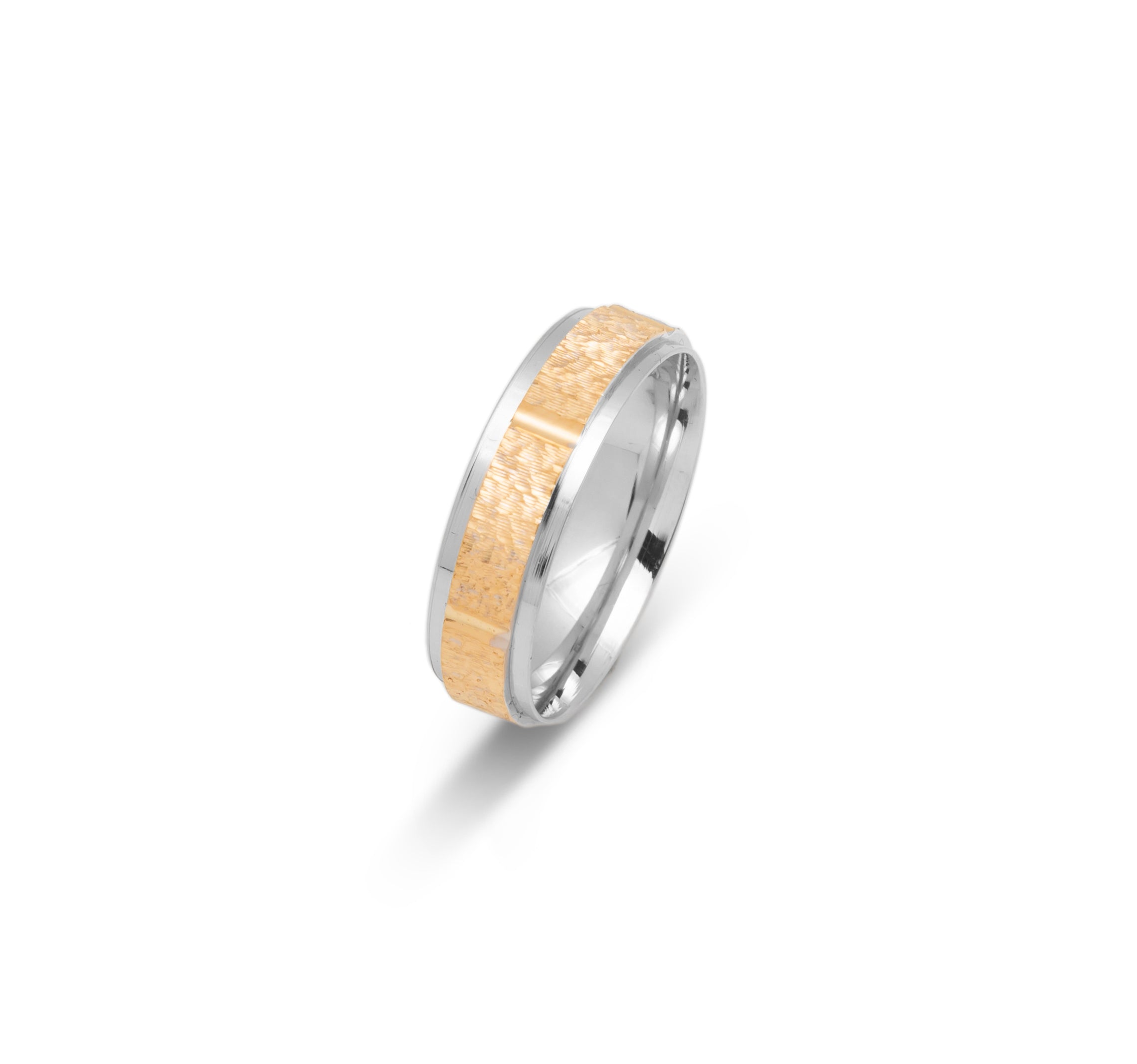 Wedding Band Ring - 10K Gold two-tone yellow & white textured with groove & polished edges 6mm - RIG659
