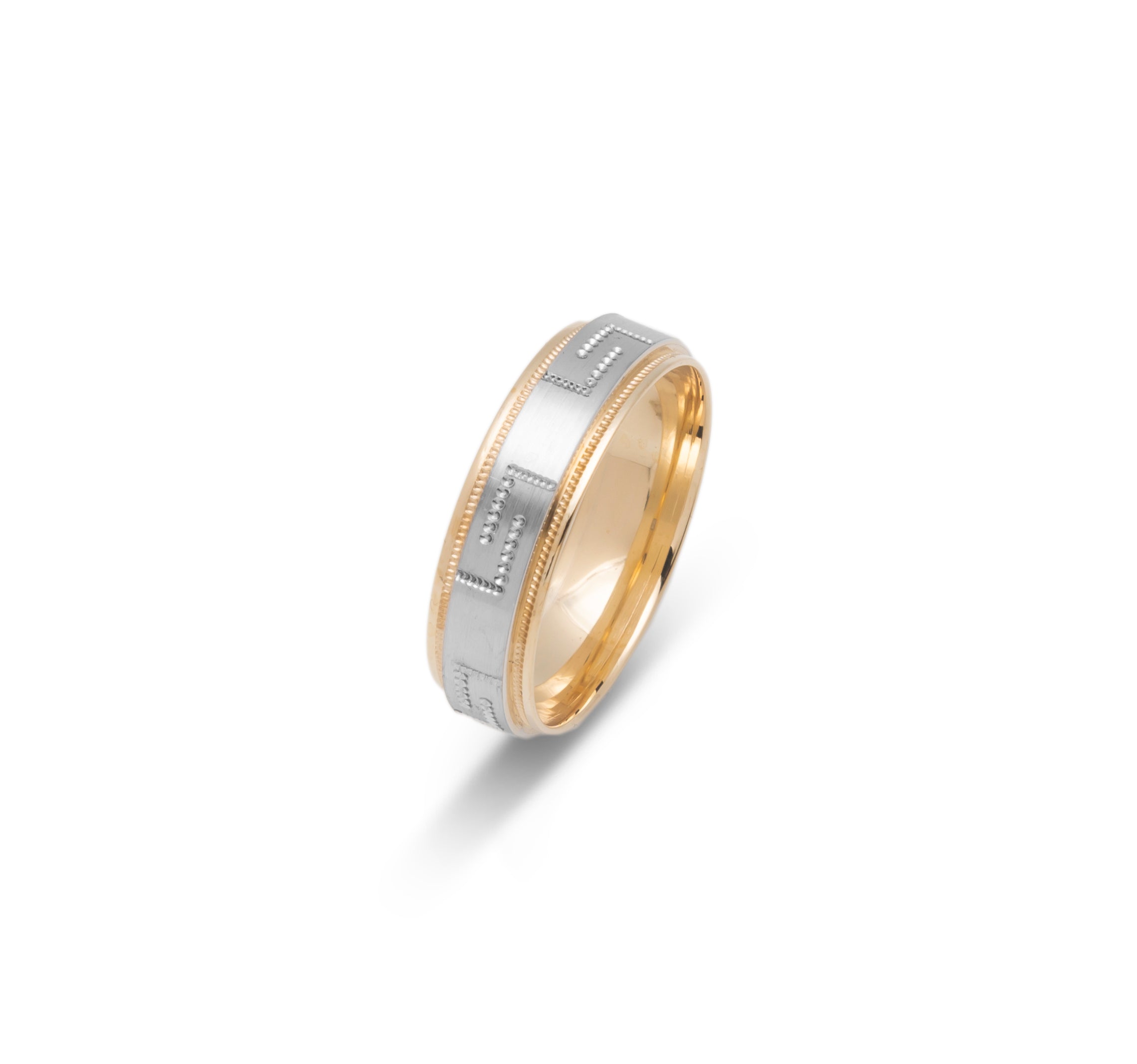 Wedding band ring - 10K two-tone yellow & white gold with modern millegrain Greek key motif 6mm - RIG660