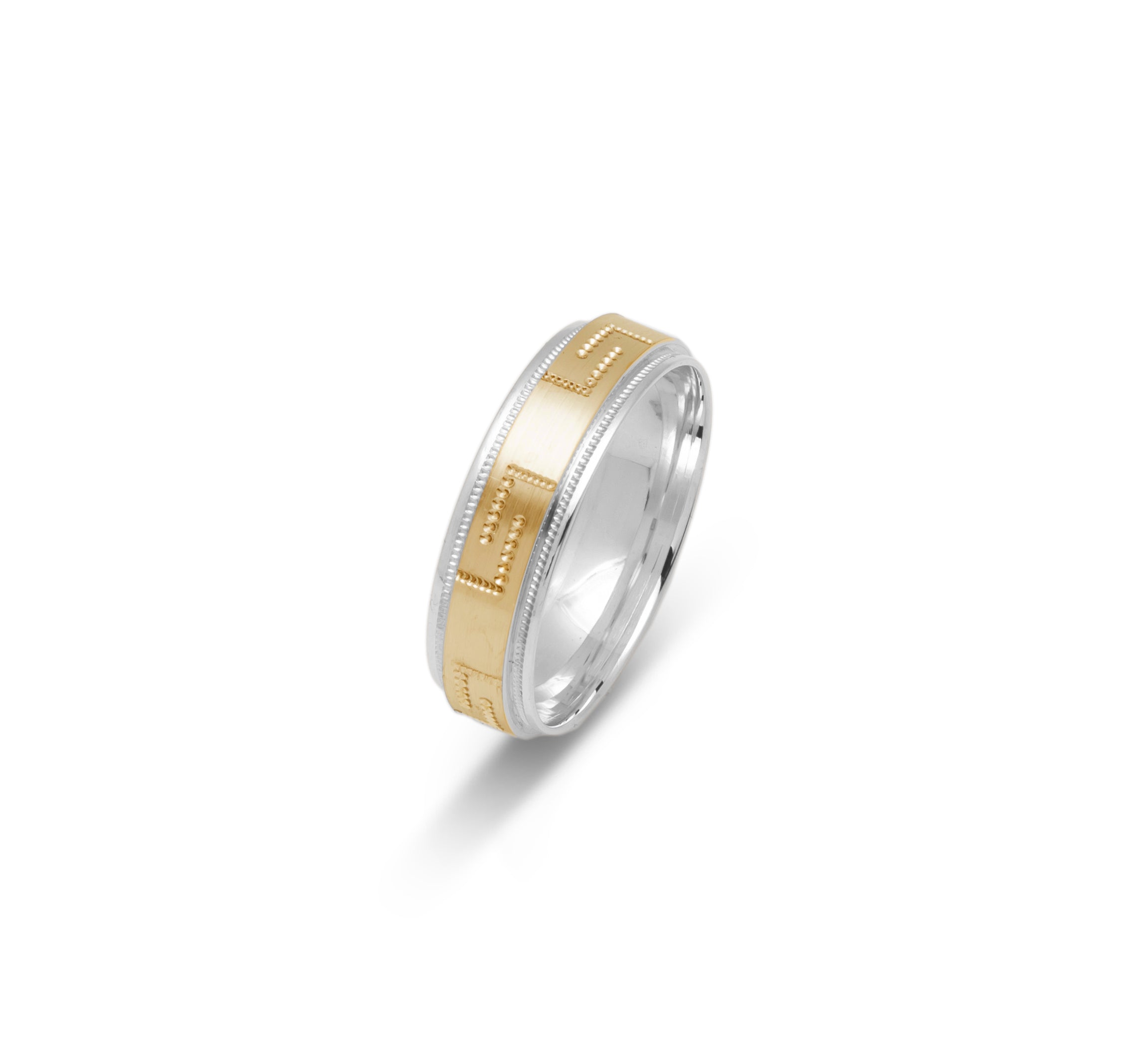 Wedding band ring - 10K two-tone yellow & white gold with modern millegrain greek key design 6mm - RIG661