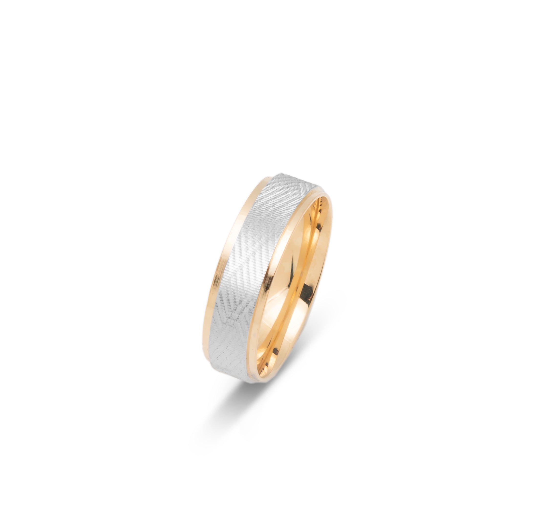 Wedding band ring - 10K two-tone yellow & white gold engraved diagonal lines & polished edges 6mm - RIG662
