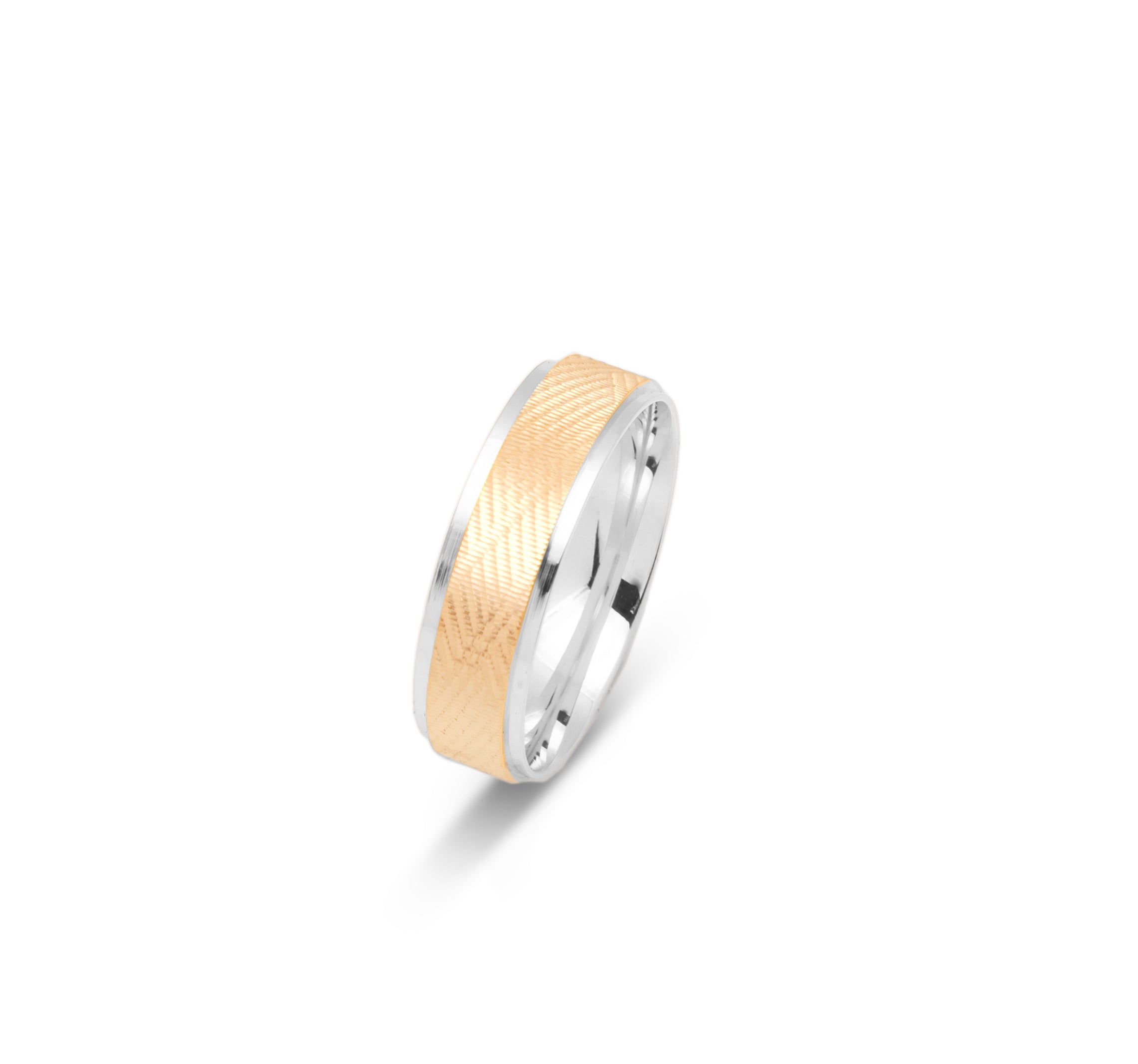 Wedding band ring - 10K two-tone yellow & white gold engraved diagonal lines & polished edges 6mm - RIG663