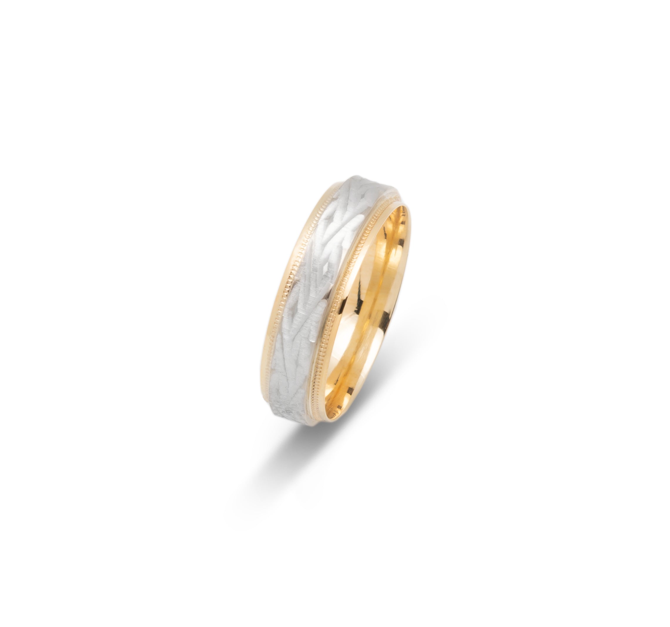 Wedding band ring - 10K two-tone yellow & white gold with diamond pattern & millegrain edges 6mm - RIG666